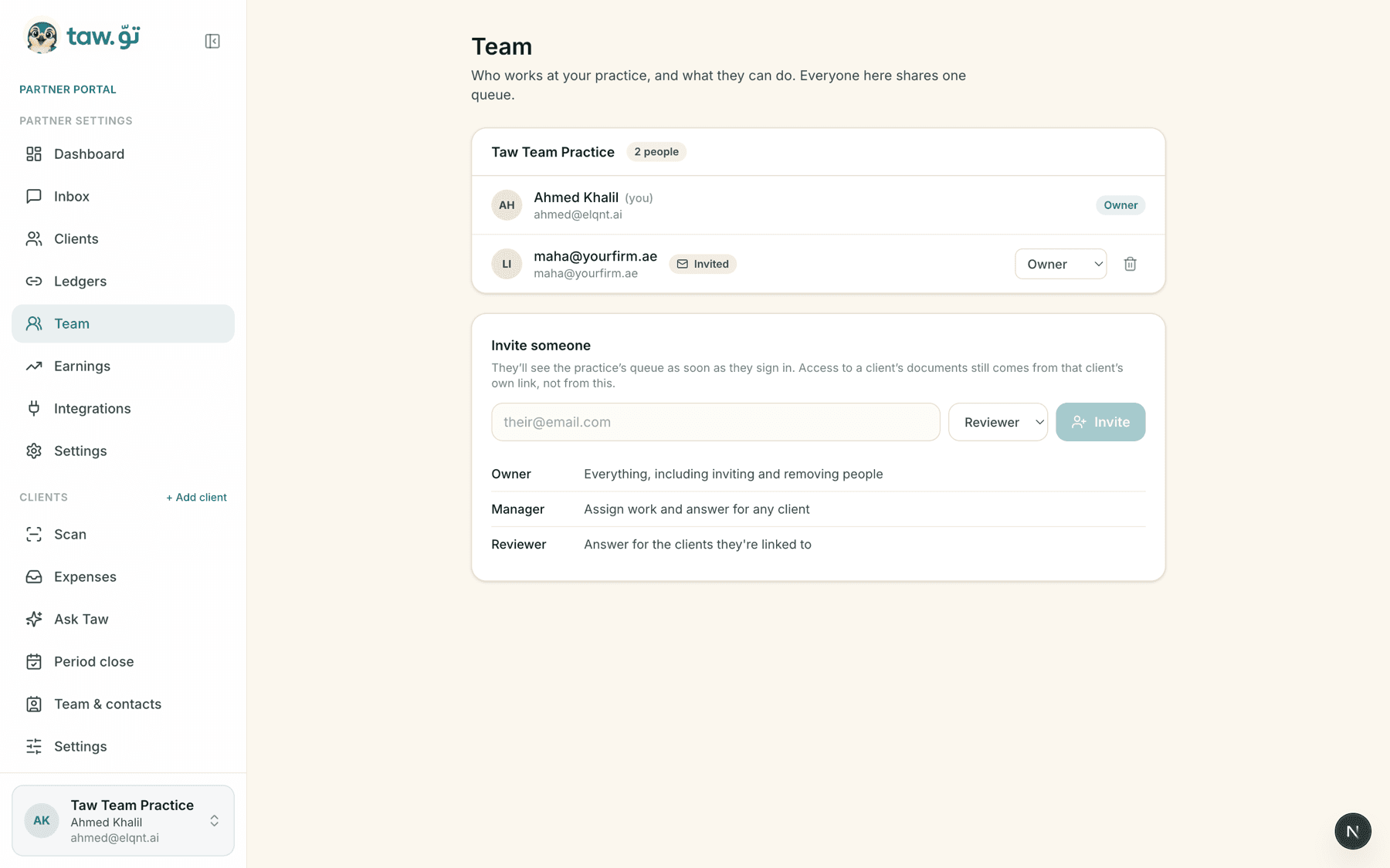 The Team screen in Taw: the practice roster with roles, the invite box, and what each role can do.